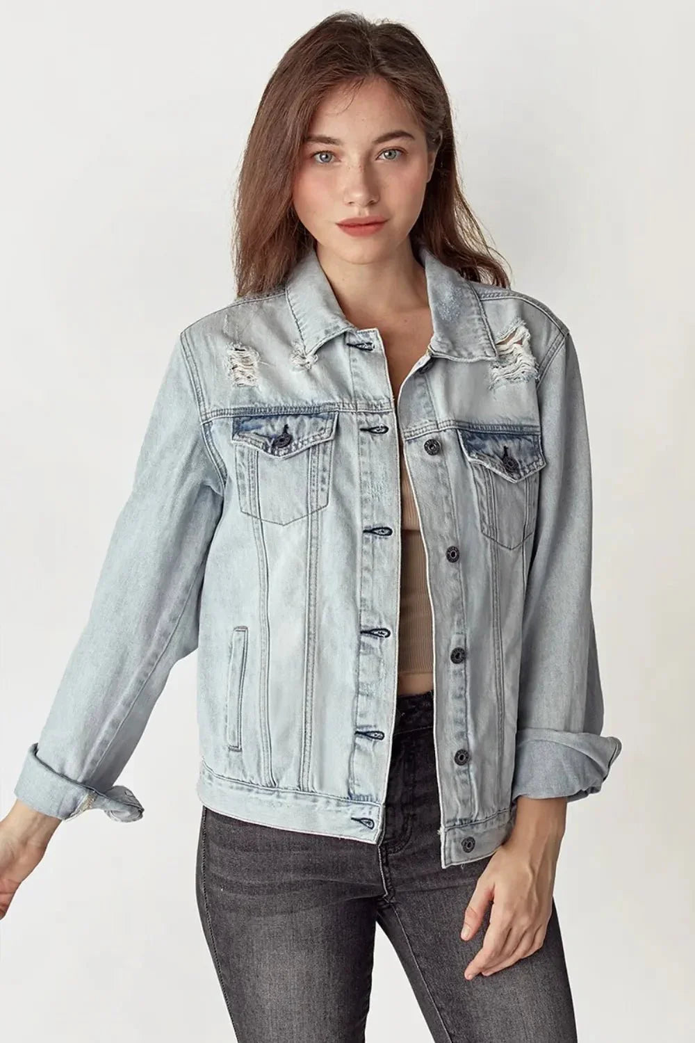 RISEN Distressed Button Up Jacket - VILLA FASHION